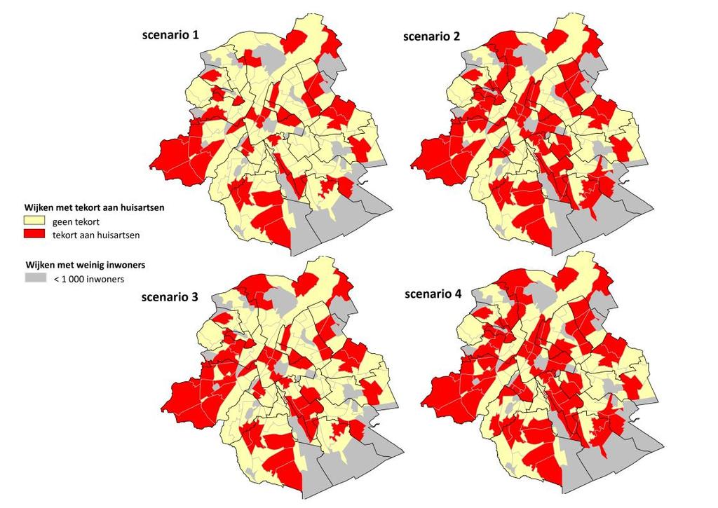 35 FIGUUR 4: Het mogelijks tekort aan huisartsen per wijk rekening houdend met de zorgnood per wijk, in 4 scenario s, Brussels Gewest, 2017 Bron: