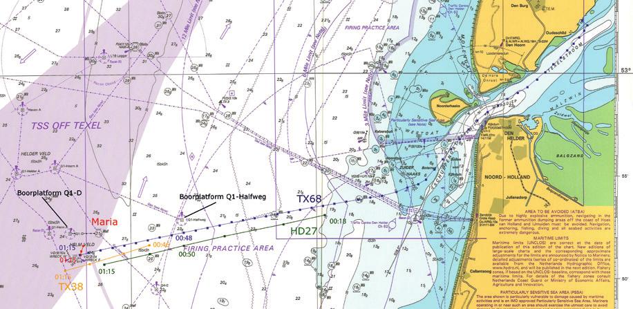 Figuur 1: Vaargebied tussen Den Helder, Schulpengat en VSS Off Texel met de gevaren koersen. (Bron: Netherlands Ministry of Defence WGS 84 INT 1418 1631 en Onderzoeksraad voor Veiligheid) 1.