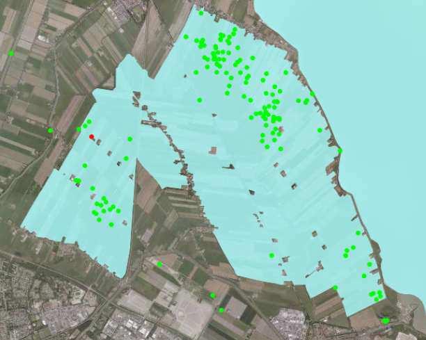 155 van 183 gedaan, is er een concentratie langs de dijk aanwezig.