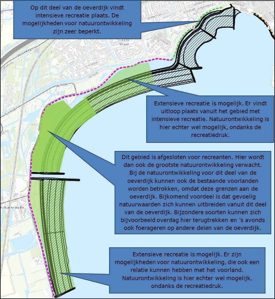 41 van 183 Recreatie Er is onderscheid gemaakt in de mogelijkheden voor recreatie op de oeverdijk, zie afbeelding 11. Er zijn delen waar intensief, extensief en niet gerecreëerd kan worden.