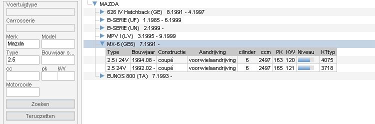 Voertuigselectie via merk, cilinderinhoud en/of vermogen Vul het merk en de cilinderinhoud