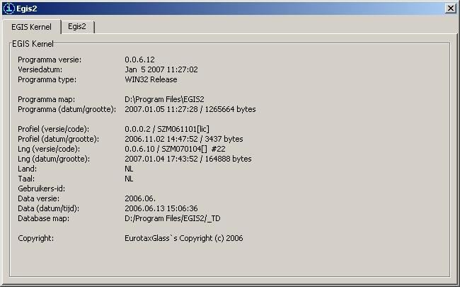 Over Egis Tabblad EGIS kernel geeft programma technische informatie over instellingen en