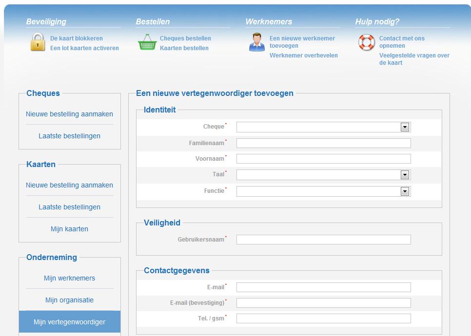 - Klik op «Een vertegenwoordiger toevoegen» om een nieuwe vertegenwoordiger toe te voegen. Vul alle nodige informatie in en klik op «Opslaan».