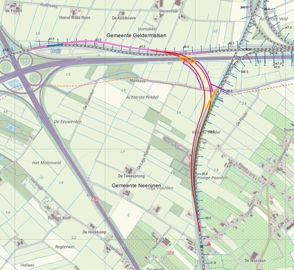 4.1.4 VARIANT E2 Bij deze variant takken beide sporen van de zuidwestboog gelijkvloers uit van de Betuweroute.