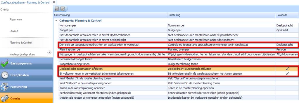 Algemene instellingen De instellingen m.b.t. Planning & Controle vinden we terug in: Urenmodule Instellingen Configuratiescherm Overig Planning & Controle De instellingen m.b.t. het Controle gedeelte zijn hieronder aangeduid.