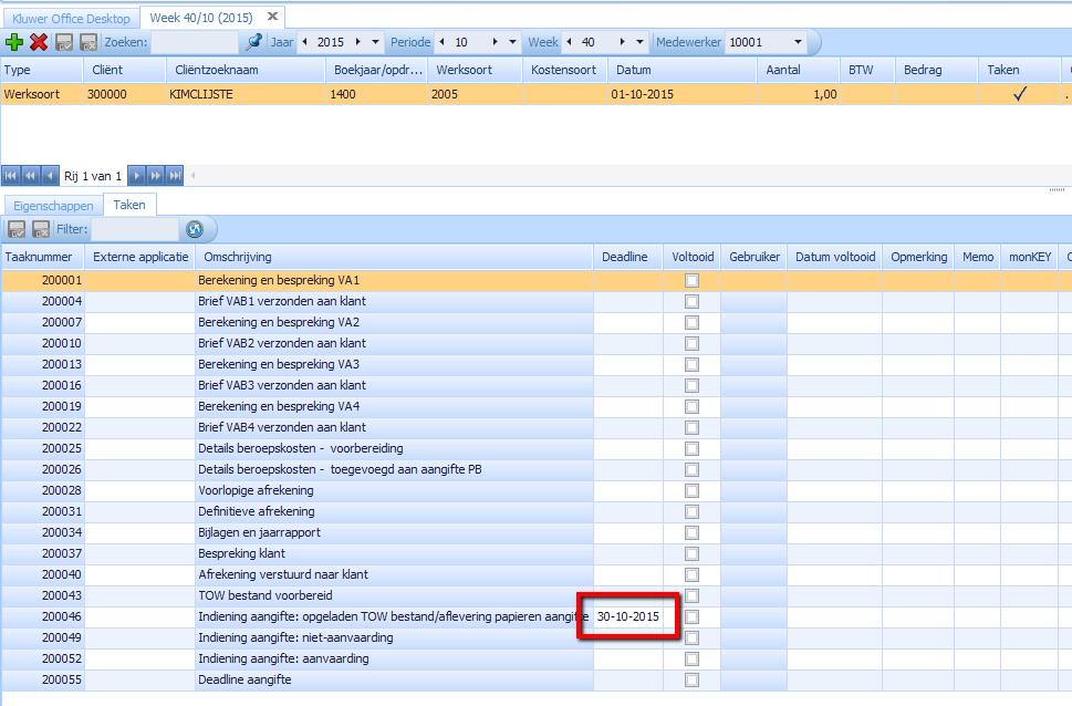 Bij het ingeven van de prestaties in de weekstaten, krijgt men ook de deadlines van de taken te zien.