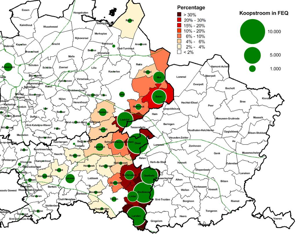 Figuur 12: Aantrekking van koopstromen voor periodieke goederen naar provincie Limburg Bron gegevens: Locatus -