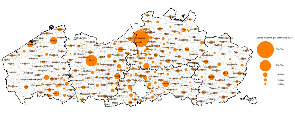 Figuur 3: Aantal inwoners per gemeente in 2014 Bron: ADSEI Kaart: Idea Consult