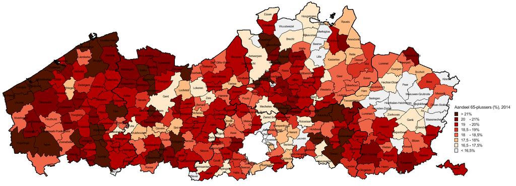 Figuur 6: Aandeel 65-plussers in 2014 Bron: Studiedienst Vlaamse Regering - Kaart: IDEA