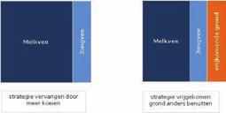 Figuur2. Verdeling van de totale emissie voor de twee verschillende strategieën: ontstane klimaatruimte opgevuld met meer melkkoeien of door een andere invulling van het landgebruik.