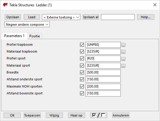 14. Wijzig deze regels exact zoals in bovenstaand figuur. 15. Koppel de waarden als volgt aan de profielen: We maken nu de breedte van de ladder parametrisch. 16. Voeg een parameter toe.