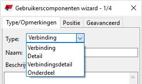 Component typen U kiest bij het maken van een gebruikerscomponent het geschikte type: Verbinding Detail Verbindings detail Onderdeel Er wordt een verbinding gemaakt tussen 2 of meerdere profielen.