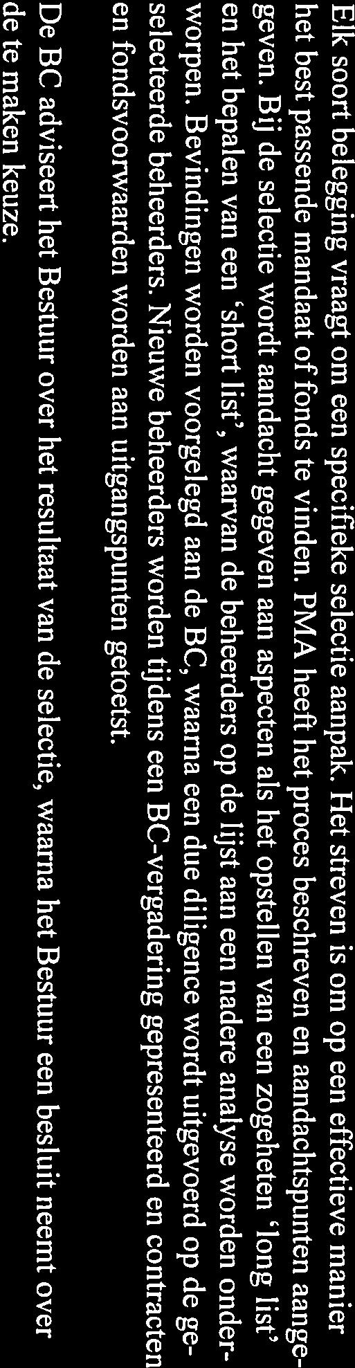 Bij de selectie wordt aandacht gegeve aan aspecten als het opstellen van een zogeheten long list en het bepalen van een short list, waarvan de beheerders op de Iijst aan een nadere analyse worden