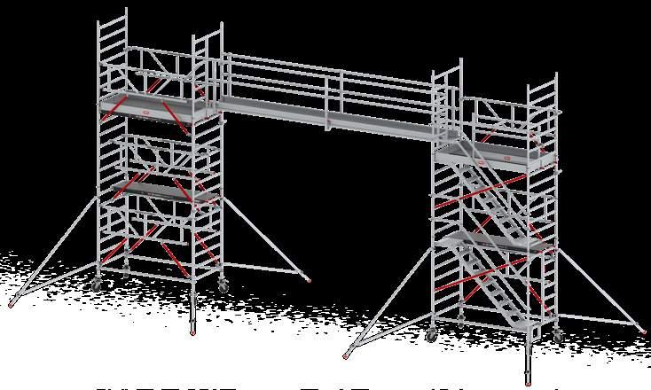 Aluminium loopbrug YEARS 5 GUARANTE E Toepassingen: 2-zijdig bruikbaar 2 loopbruggen naast elkaar binnen frame RS TOWER 52 Ideaal voor gebruik met rolsteigers en voor het creëren van grotere