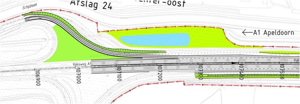 Overgang Deventer Oost Bij Deventer-Oost wordt net voorbij de afrit ten westen van kunstwerk 33F-303 op de hoofdrijbaan links overgegaan van 2x3 reguliere rijstroken op 2x2 reguliere rijstroken met