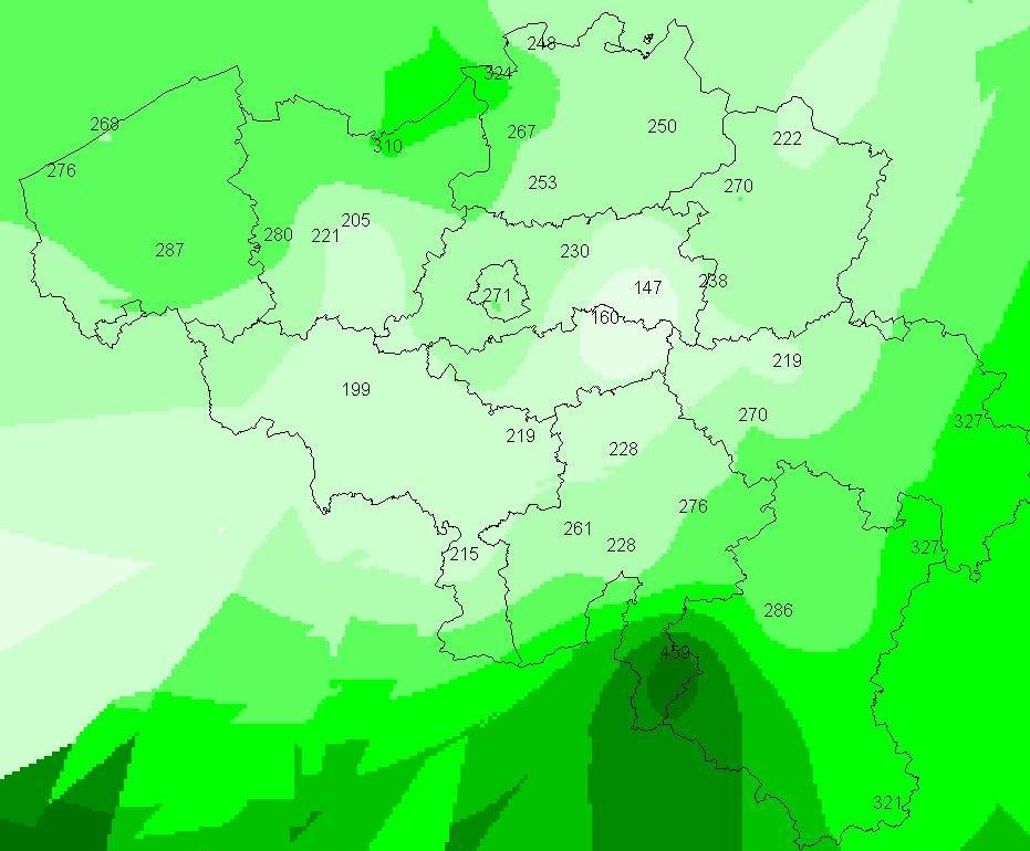 Figuur 3: Regionale verschillen in neerslagsom van 1 november 2012 tot 31 januari (Bron: Bodemkundige Dienst van België en KMI) Figuur 4: Nitrische en ammoniakale N-inhoud (kg N/ha) per bodemlaag van