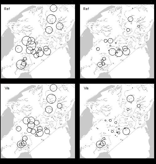 1 zijn kaarten weergegeven met de biomassa voor (T0) en na (T1) de najaarsvisserij (a) en voorjaarsvisserij (b) voor gesloten en open vakken.