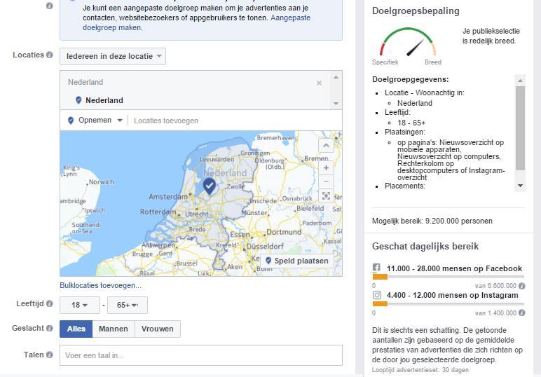 Stap 4: Advertentieset doelgroep: Invullen geschikte doelgroep Selecteer voor welke fanpage je een advertentie wilt maken Nu is het aan