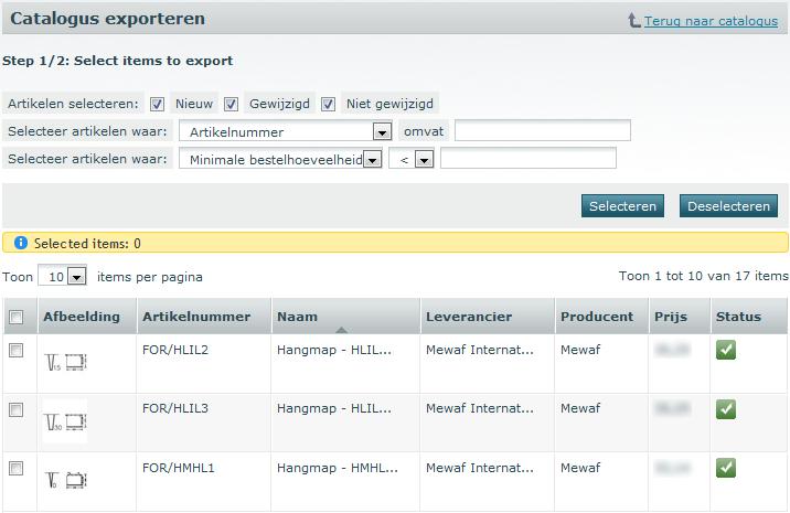 5.1.3 Een catalogus opslaan in Excel-formaat Open de catalogus die je wenst te downloaden Afbeelding 53: Catalogusversies Afbeelding 54: Selectie van artikelen Klik naast de versie die je wilt