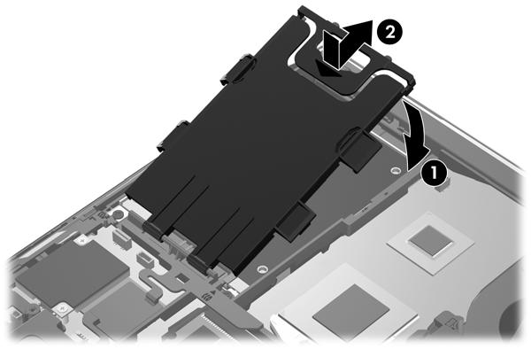 Vaste schijf plaatsen U plaatst de vaste schijf van de EliteBook als volgt: 1. Plaats de vaste schijf schuin in de vasteschijfruimte (1) en leg de vaste schijf plat in de vasteschijfruimte (2). 2.