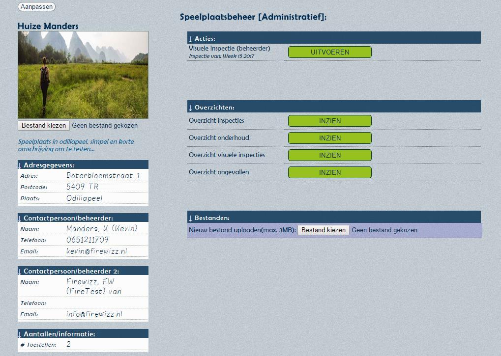 Hoofdstuk: Speelplaats beheer Speelplaats beheer Klik op 'Aanpassen' en wijzig of vul de betreffende gegevens in.
