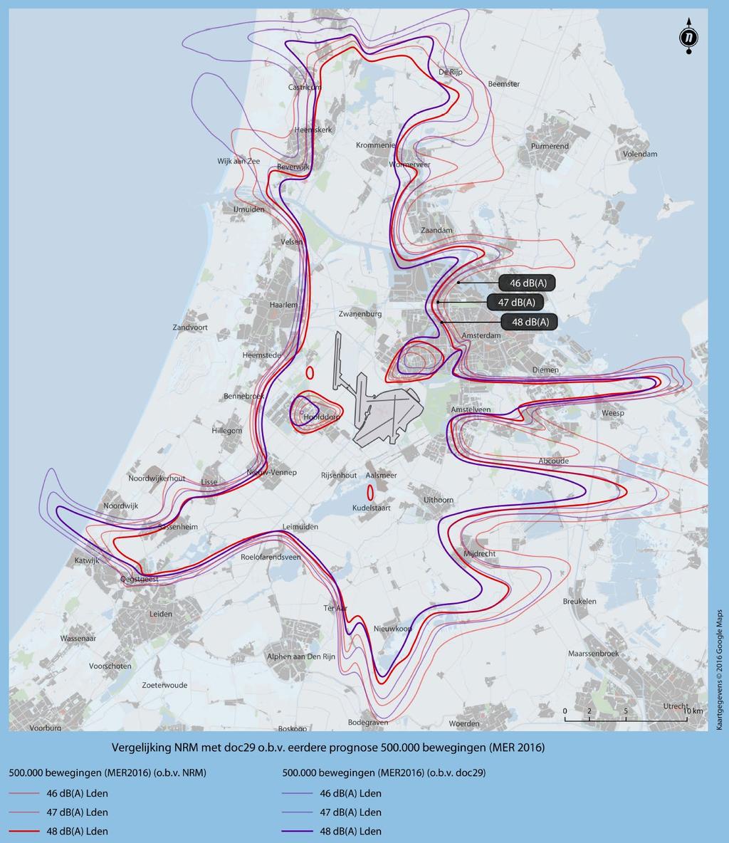 Figuur 7 Geluidscontouren (46, 47 en 48 db(a)) voor twee verschillende rekenmethoden: NRM (rood) en Doc.29 (paars) (ontvangen: 9 november 2018) Bl. 2.1.3.