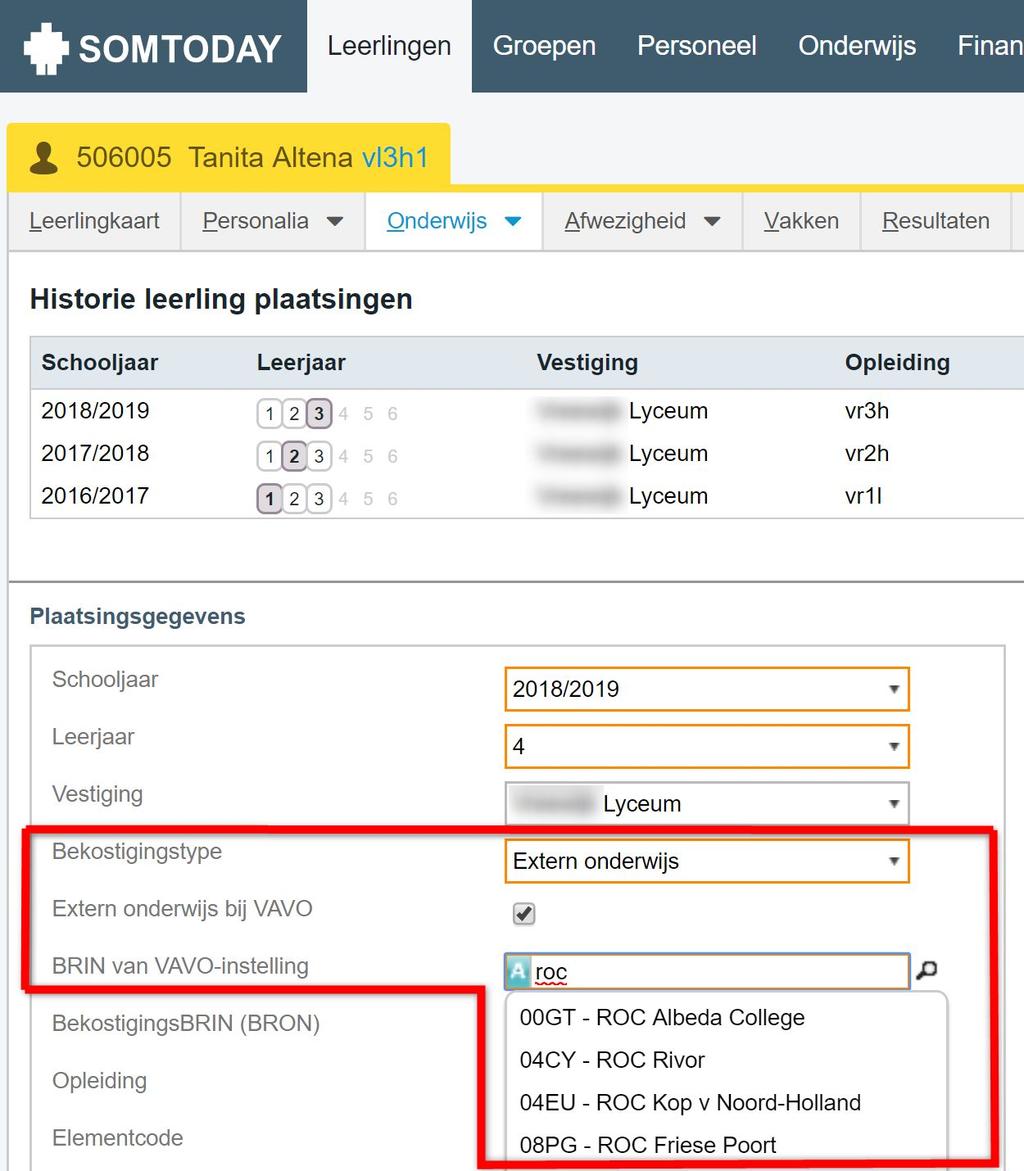 Vavo leerlingen Bij de VAVO-leerlingen staat al dat ze Extern onderwijs volgen.