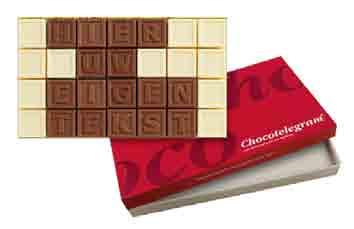 CTCAL21 Chocotelegram 21 (200 gram; 3 rijen van 7 karakters) Let chocolate do the talking; 21 blokjes vormen iedere