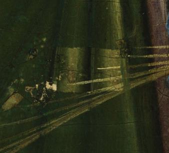 Détail du groupe des Vierges. Une petite fenêtre-test dans la robe verte montre les couleurs plus intenses de l original.