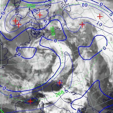 Fig 16: schematische weergave van de absolute hoogt op 1000 hpa bij een comma Fig 17: 13 February 1997 18:00 UTC: absolute hoogte op 1000 hpa (paars) Thermische frontparameter: Reeds in het begin van