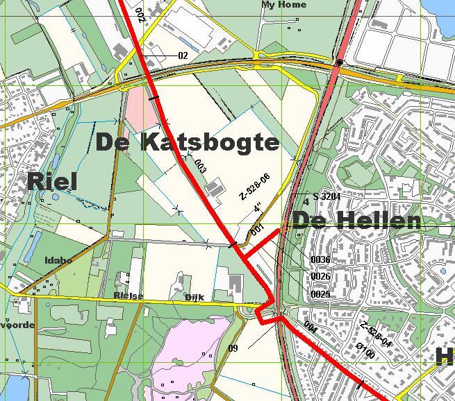 3.3 Hogedruk aardgasleidingen en K1,K2,K3-vloeistofleidingen Aangrenzend aan het plangebied lopen twee 4 inch aardgas transportleidingen met een maximale werkdruk van 40 bar.