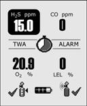 Alarm Scherm Alarm Scherm Laag alarm Trage sirene (opwaartse toon) Traag knipperlicht Zwart hokje rondom gas knippert