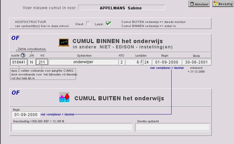 5 scherm verschijnt : Edison-bericht - melding cumul - wordt aangemaakt voor (naam personeelslid verschijnt) 6 hoofdstructuur kleuter / lager aanklikken 7 geldigheidsdatum intikken 8 O.K.