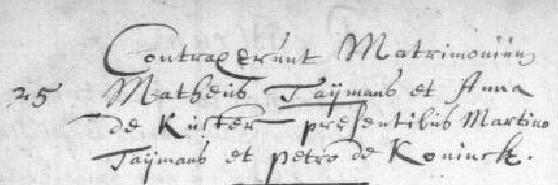 Generatie 6 VI. ANNA DE COSTER ged. Overijse 2 okt. 1661, Overijse, 22 jan. 1742, tr. Overijse 25 november 1685 16 MATHEUS TAYMANS 17, ged. Overijse 31 okt.