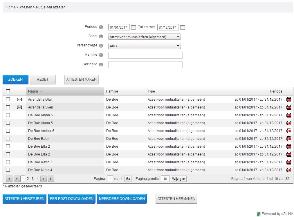 4.4 Attesten overzicht Onder Lijsten -> Mutualiteit attesten -> Overzicht kunnen de reeds gegenereerde attesten geraadpleegd worden.