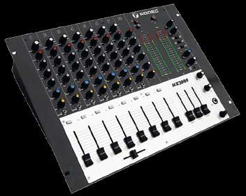 GAIN and 3 band EQ per channel, assignable VCA ECLER Pro Crossfader (4.000.000 Operations), VU-Meter with MIXPFL indicator, CUE output.