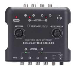 kanaal - Track search knop - 17 toewijsbare druktoetsen - 19 draaiknoppen - USB powered of via voeding adp-skill adp-skill Prijs: 159 AUDIOPHONY SOUND BOX USB Audio interface met 2 stereo kanalen