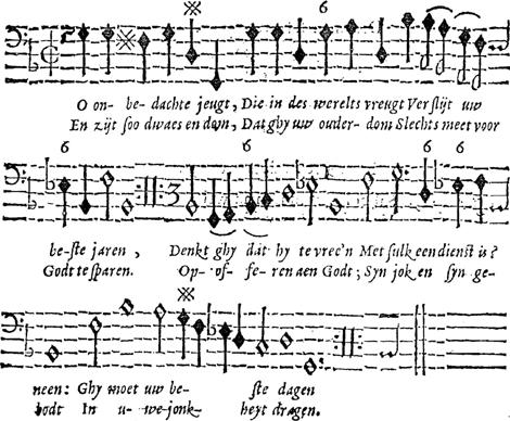 75 Men moet Godt dienen in de jeugt ende jonge jaren. Bassvs. O on- be- dachte jeugt, Die in des werelts vreugt Ver slijt uw be-ste jaren, Denkt ghy dat hy te vree'n Met sulk een dienst is?