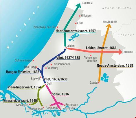Kaart trekvaartroutes Afb. 16 Op deze kaart zie je de route lopen van Maassluis (via Maasland, Schipluiden en Den Hoorn) naar Delft, maar ook naar andere steden.