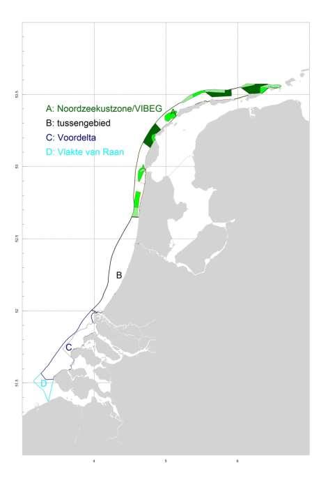 3.4 Onderzoeksgebied In dit rapport gaan we in op de ontwikkelingen in visserij-intensiteit in vier verschillende gebieden: Natura 2000-gebieden Vlakte van de Raan, Voordelta en Noordzeekustzone, en