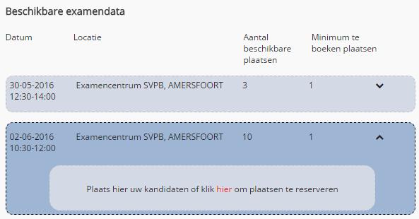 De details van een examenmoment kunnen worden geopend door te klikken op. Daarbij wordt de ruimte getoond waar de gegevens van de kandidaten heen gesleept kunnen worden.