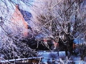 Jakob Arbeider Hamsterbörg ien wintersfeer Achter bomen vol riep met donkerbroene stammen, oademt de Börg stilte van winterdag, boezemt ontzag, zo stoateg staait er doar.