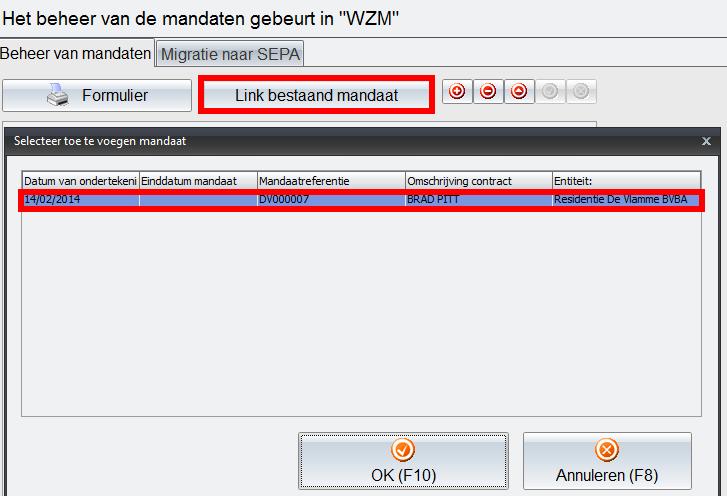 Beheer van mandaten : het is nu mogelijk om een mandaat te koppelen aan een andere bewoner/derde betaler/ocmw indien het IBAN- nummer identiek is.