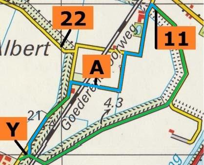 Om de geconstrueerde route weer terug op te pakken was de enige mogelijkheid om bovenlangs de Zandstraat om de getekende grenslijn via RC C (RC O links achterwaarts geplaatst) te rijden.