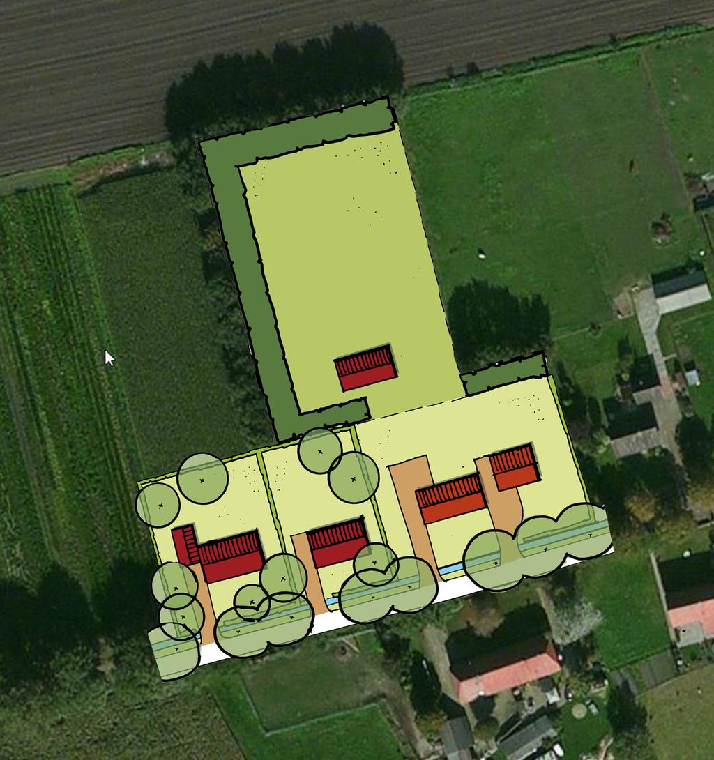 Verkavelingsschets De twee nieuwe percelen hebben wisselende kavelbreedte ten behoeve van een meer natuurlijk, gevarieerd straatbeeld.