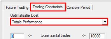 Tab «Trading Constraints» In dit venster kan men de methode instellen waarmee alle resultaten worden geoptimaliseerd.