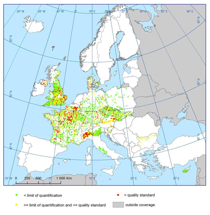 VERVUILING VAN DRINKWATER BRONNEN DOOR PESTICIDEN EN NUTRIËNTEN IS EEN BLIJVENDE BEZORGDHEID Voorkomen en normoverschrijdingen van pesticiden in grondwaterputten, 2010-2011 (Bron: Eurostat)