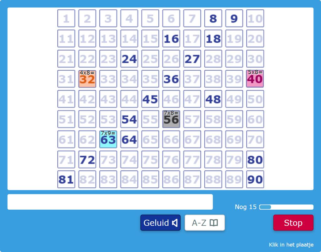 Een voorbeeld van het oefenen met de hokjesgetallenlijn van de tafels van 8 en 9 in oefening H7.