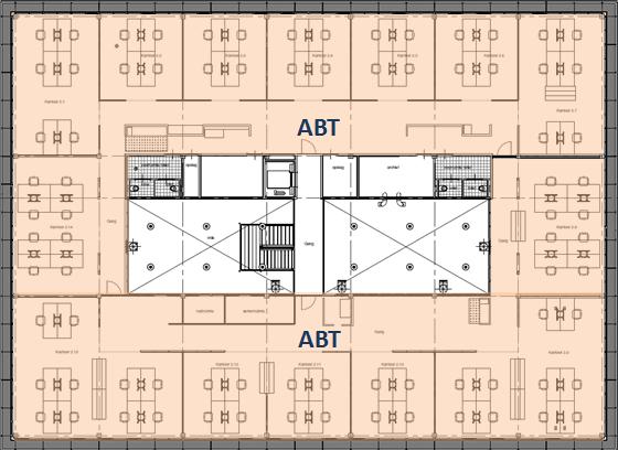 2. Eerste verdieping (middendeel is een kantine die door ABT gebruikt wordt en maakt een deel uit van het atrium), oostvleugel wordt door DEMO gehuurd en westvleugel door ABT.