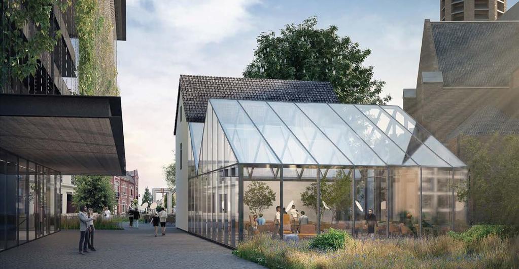 Arcadis Belgium impressie op basis van huidige schetsontwerpen zicht op markant gebouw met zijn levendige groene gevel OPVALLENDE GROENE ARCHITECTUUR AAN DE MARKT EEN GRAND CAFE AAN HET MARKTPLEIN